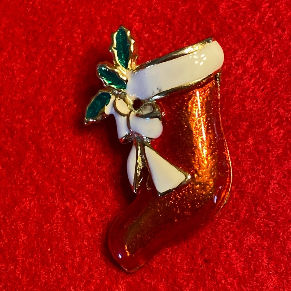 Vintage Christmas Stocking Enamel Brooch Pin